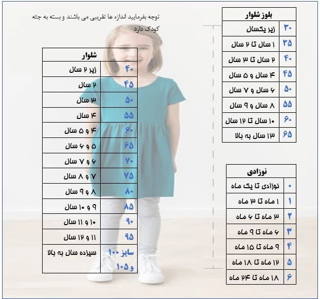 جدول سایزبندی بلوز بچگانه شلوار بچگانه ست بچگانه و لباس نوزادی