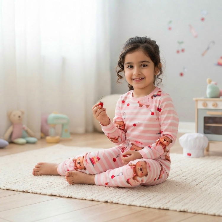 تنخور مدل ست لباس راحتی بلوز و شلوار ضد لک بچگانه طرح گیلاس